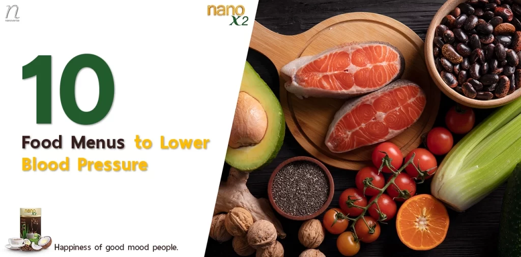 Image featuring 10 food menus to lower blood pressure, with healthy foods like salmon, avocado, tomatoes, and nuts