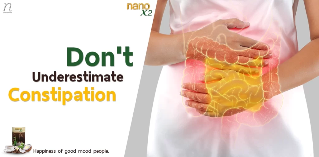 Image illustrating the importance of addressing constipation, featuring a person holding their stomach with highlighted intestines.