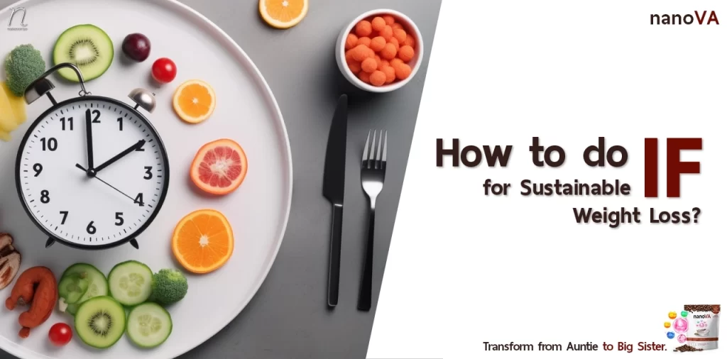 Image illustrating how to do Intermittent Fasting (IF) for sustainable weight loss, with fruits and a clock on a plate