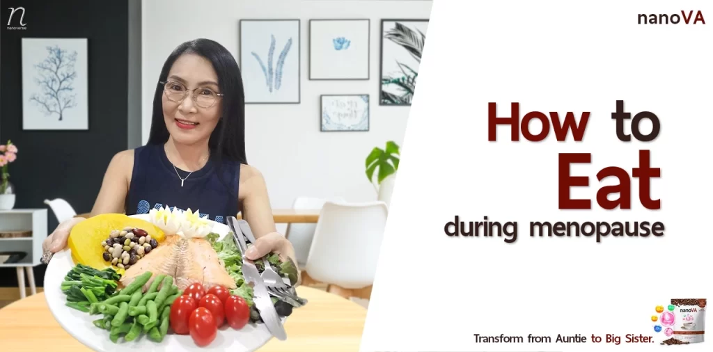 Middle-aged woman holding a plate of healthy food, highlighting 'How to Eat during Menopause' and promoting nanoVA collagen coffee.