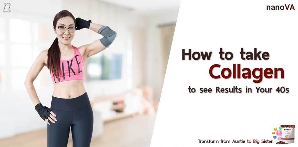 Fit middle-aged woman in workout attire with the text 'How to take Collagen to see Results in Your 40s' promoting nanoVA collagen coffee.