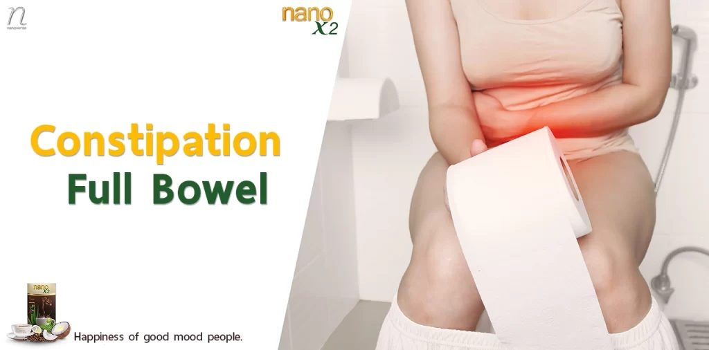 Woman experiencing constipation and holding toilet paper, indicating full bowel symptoms, with nanoX2 product from nanoverse