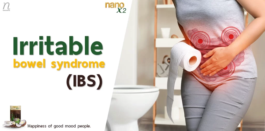 Woman with stomach pain holding toilet paper, indicating symptoms of Irritable Bowel Syndrome (IBS) with nanoX2 product from nanoverse