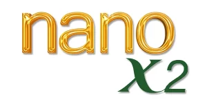 โลโก้ผลิตภัณฑ์ nanoX2 เป็นตัวอักษรสีทอง "nano" และตัวอักษรสีเขียว "X2"