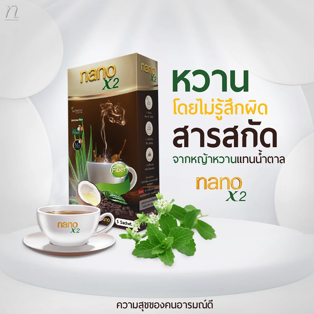 รูปภาพผลิตภัณฑ์ nanoX2 กาแฟเพื่อสุขภาพ แสดงบรรจุภัณฑ์ที่มีถ้วยกาแฟและส่วนผสมจากหญ้าหวาน ข้อความบนภาพเน้นการใช้สารสกัดจากหญ้าหวานแทนน้ำตาล เพื่อความหวานโดยไม่รู้สึกผิด