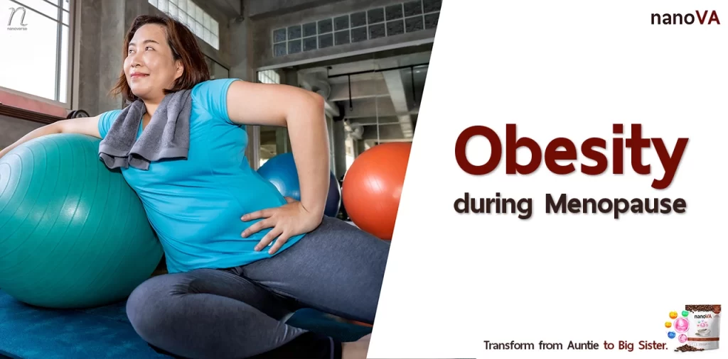 Middle-aged woman exercising with a stability ball, highlighting 'Obesity during Menopause' and promoting nanoVA collagen coffee.