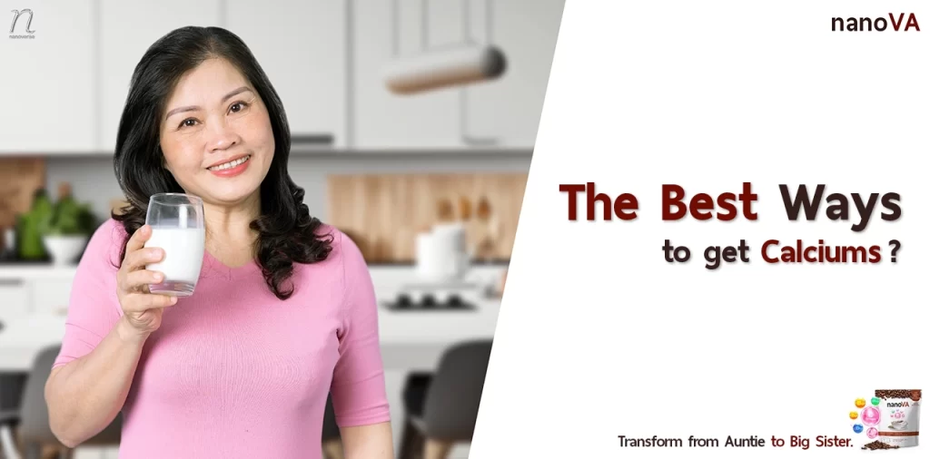 Smiling woman holding a glass of milk, promoting the best ways to get calcium with nanoVA branding