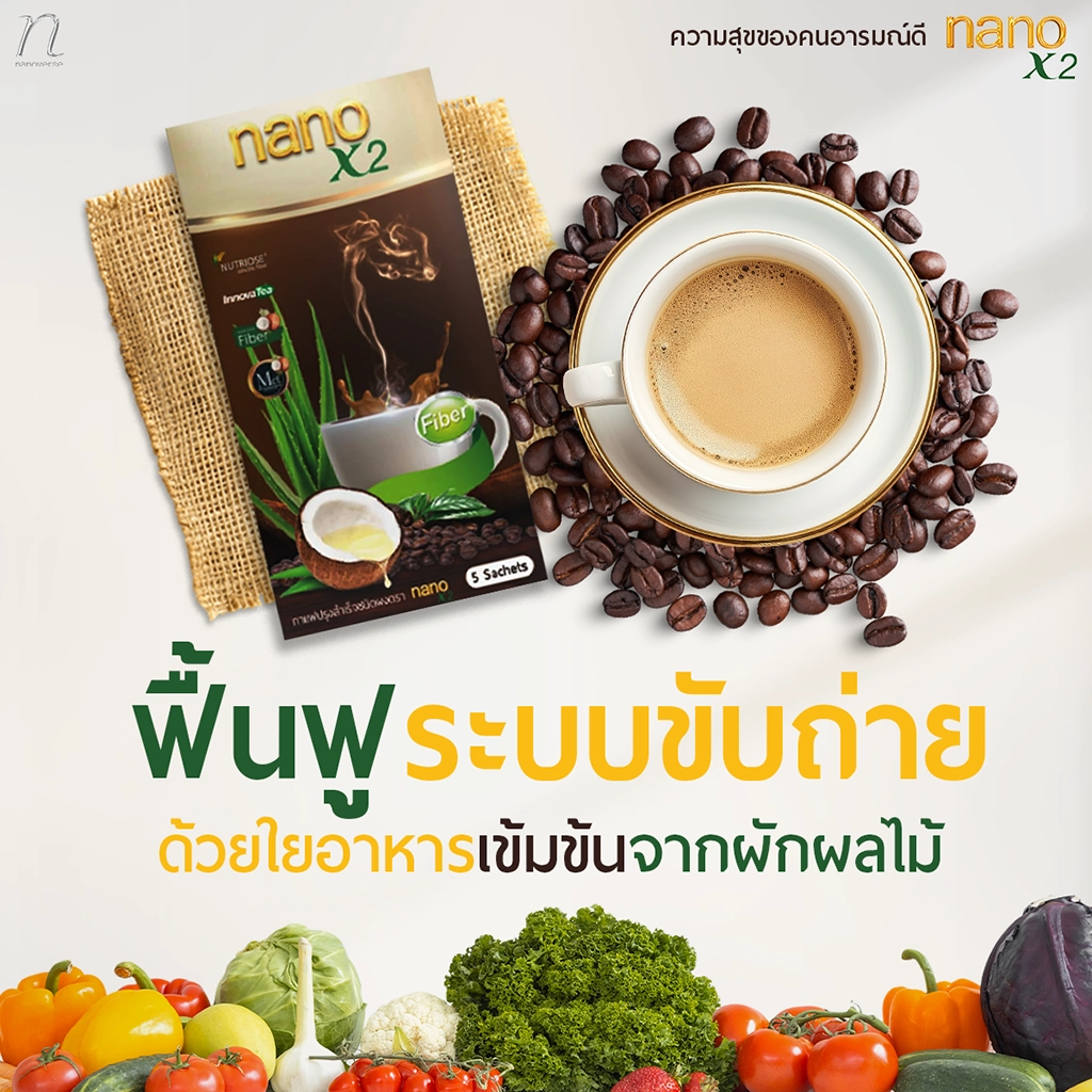 ภาพแสดงถ้วยกาแฟพร้อมบรรจุภัณฑ์ nanoX2 และผักผลไม้หลากหลายชนิด ข้อความบนภาพเน้นการฟื้นฟูระบบขับถ่ายด้วยใยอาหารเข้มข้นจากผักผลไม้