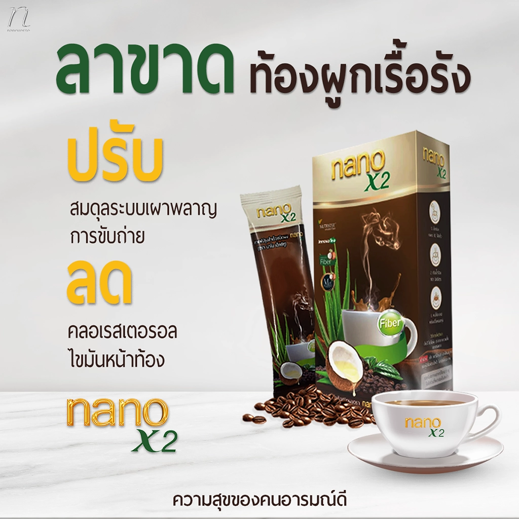 รูปภาพผลิตภัณฑ์ nanoX2 กาแฟเพื่อสุขภาพ แสดงบรรจุภัณฑ์และถ้วยกาแฟ ข้อความบนภาพเน้นการช่วยปรับสมดุลระบบเผาผลาญ ลดคอเลสเตอรอล และลาขาดท้องผูกเรื้อรัง